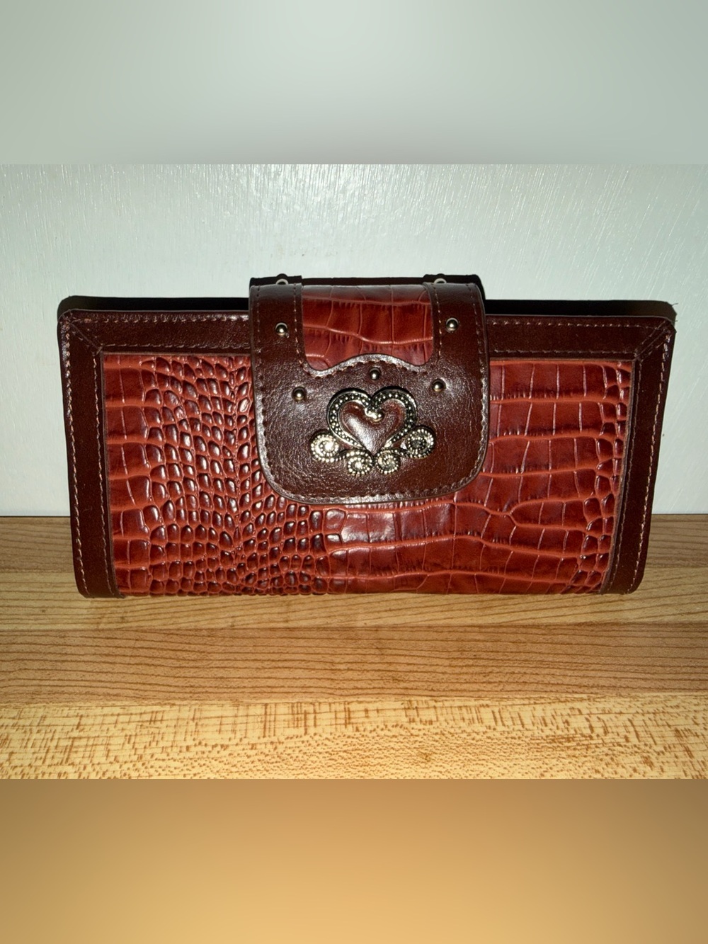 Brown Croc-Embossed Clutch with Heart Accent